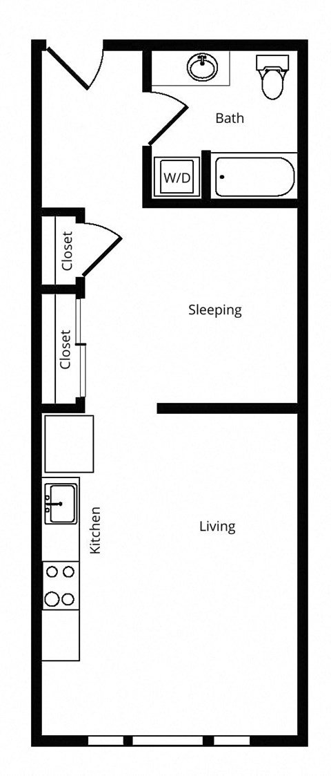 Floor plan for 1 bed, 1 bath, 622 sqft