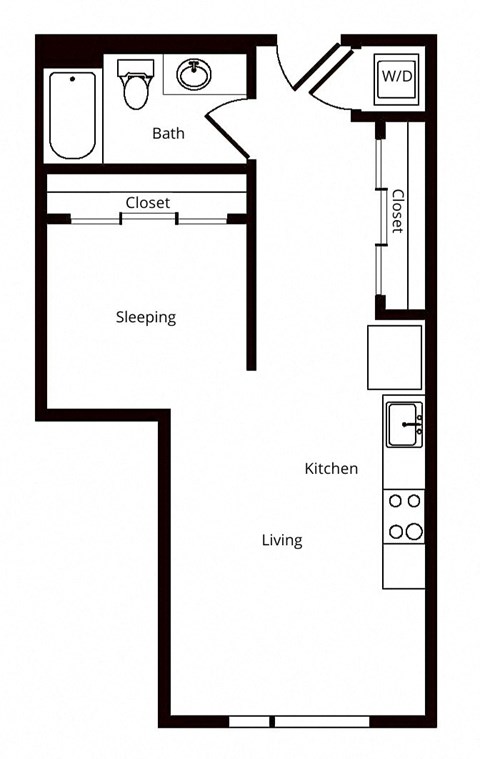 Floor plan for 1 bed, 1 bath, 581 sqft