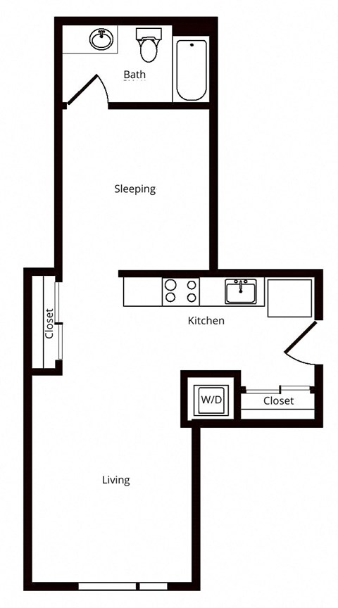 Floor plan for 1 bed, 1 bath, 643 sqft