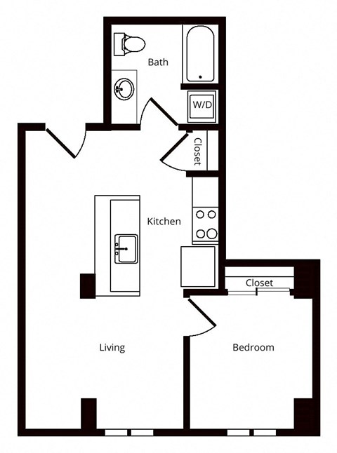 Floor plan for 1 bed, 1 bath, 604 sqft