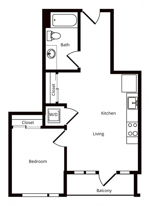 Floor plan for 1 bed, 1 bath, 619 sqft