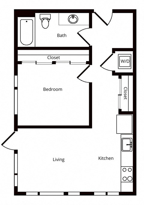 Floor plan for 1 bed, 1 bath, 635 sqft