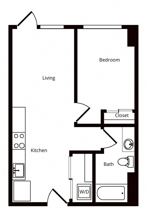 Floor plan for 1 bed, 1 bath, 637 sqft