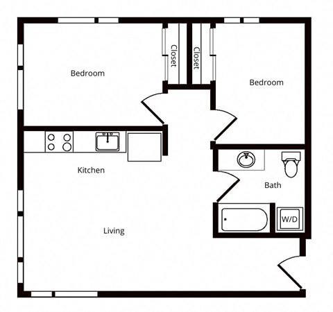 Floor plan for 2 beds, 1 bath, 811 sqft