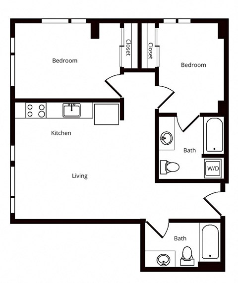 Floor plan for 2 beds, 2 baths, 884 sqft