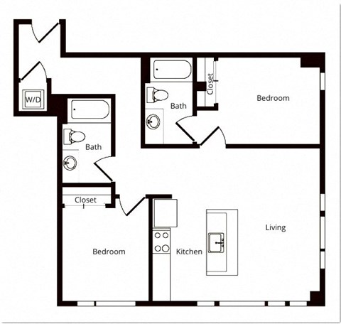 Floor plan for 2 beds, 2 baths, 1041 sqft