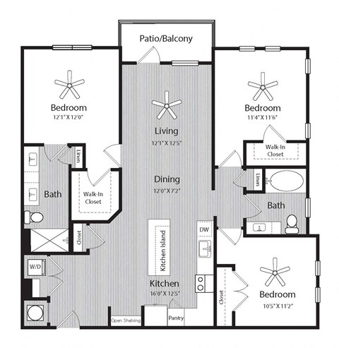 Floor plan for 3 beds, 2 baths, 1346 sqft