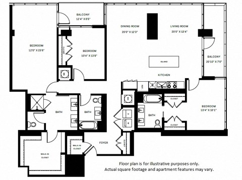 Floor plan for 3 beds, 3 baths, 1973 sqft