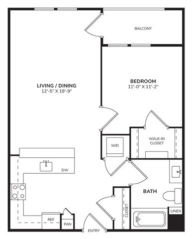Floor plan for 1 bed, 1 bath, 703 sqft