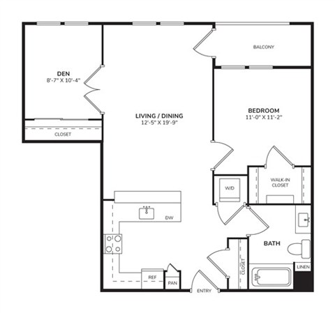 Floor plan for 1 bed, 1 bath, 831 sqft