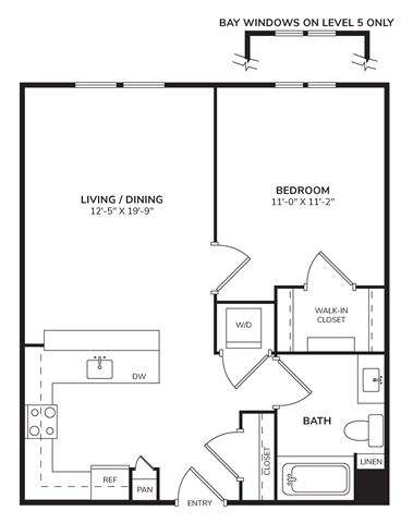 Floor plan for 1 bed, 1 bath, 686 sqft