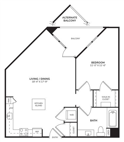 Floor plan for 1 bed, 1 bath, 754 sqft