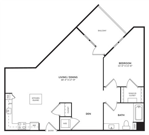 Floor plan for 1 bed, 1 bath, 915 sqft