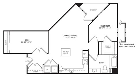 Floor plan for 1 bed, 1 bath, 952 sqft