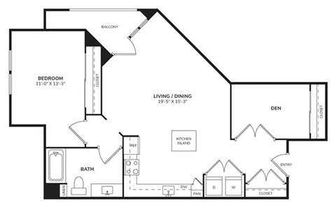 Floor plan for 1 bed, 1 bath, 974 sqft