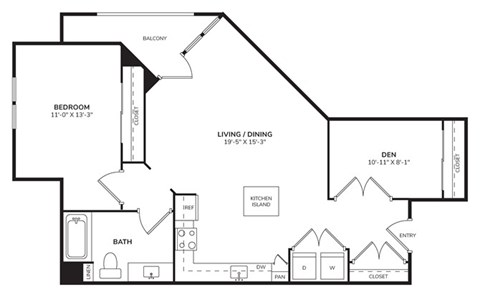 Floor plan for 1 bed, 1 bath, 959 sqft