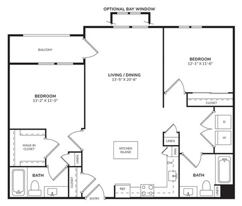 Floor plan for 2 beds, 2 baths, 1133 sqft