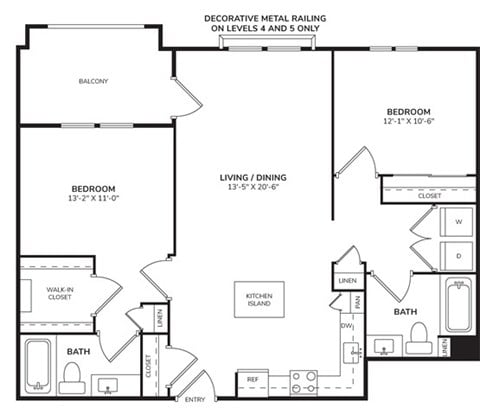 Floor plan for 2 beds, 2 baths, 1105 sqft