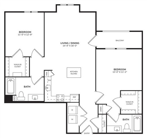 Floor plan for 2 beds, 2 baths, 1149 sqft