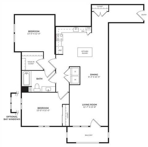 Floor plan for 2 beds, 1 bath, 1187 sqft