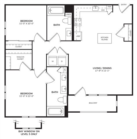 Floor plan for 2 beds, 2 baths, 1057 sqft
