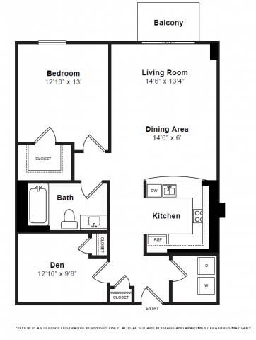 Floor plan for 1 bed, 1 bath, 1073 sqft