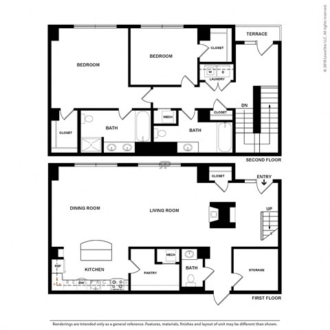 Floor plan for 2 beds, 2.5 baths, 1975 sqft