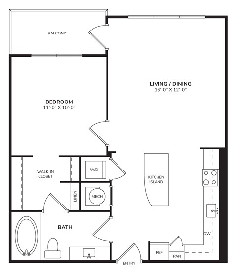 Floor plan for 1 bed, 1 bath, 737 sqft