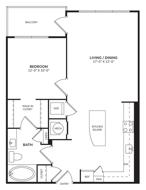 Floor plan for 1 bed, 1 bath, 711 sqft