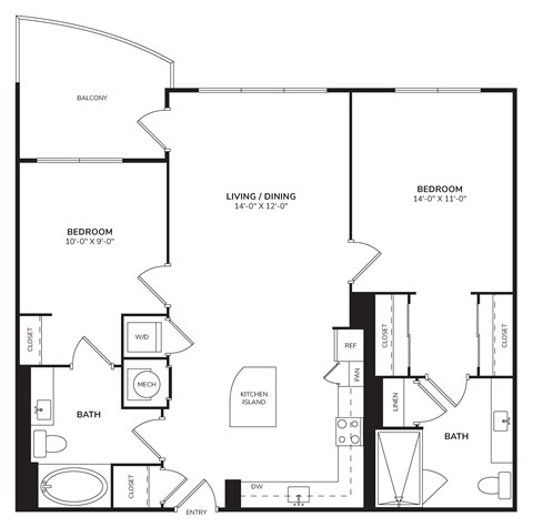 Floor plan for 2 beds, 2 baths, 977 sqft