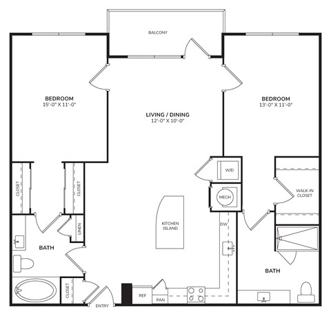 Floor plan for 2 beds, 2 baths, 1152 sqft