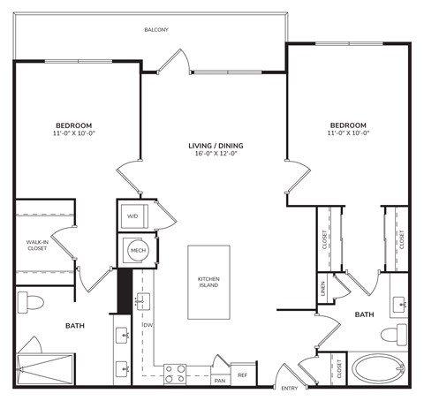 Floor plan for 2 beds, 2 baths, 1183 sqft