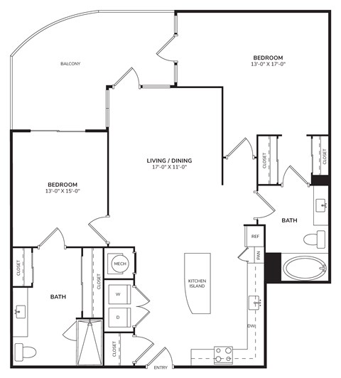 Floor plan for 2 beds, 2 baths, 1249 sqft