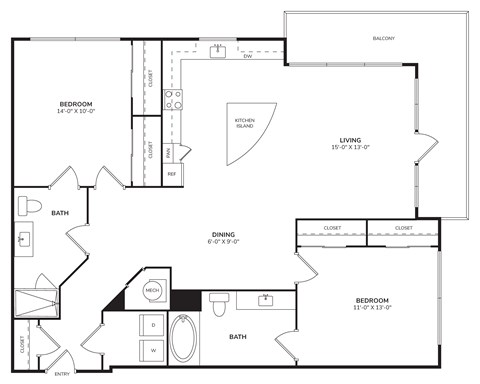Floor plan for 2 beds, 2 baths, 1259 sqft