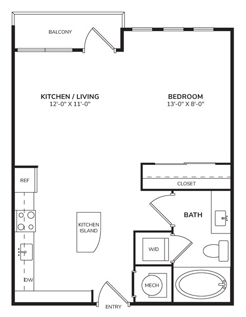 Floor plan for studio, 1 bath, 550 sqft