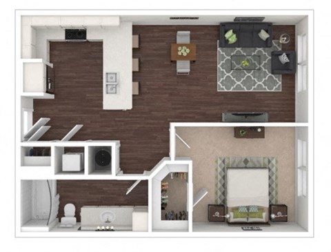 Floor plan for 1 bed, 1 bath, 729 sqft