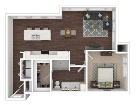Floor plan for 1 bed, 1 bath, 899 sqft