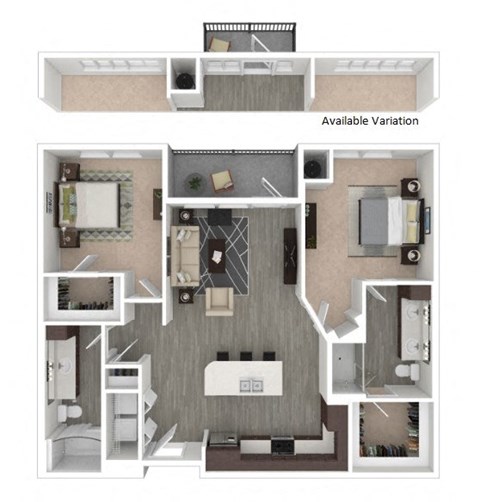 Floor plan for 2 beds, 2 baths, 1168 sqft