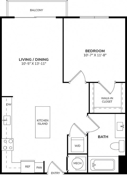 Floor plan for 1 bed, 1 bath, 646 sqft