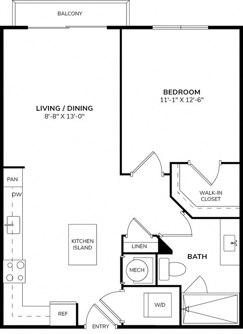 Floor plan for 1 bed, 1 bath, 680 sqft