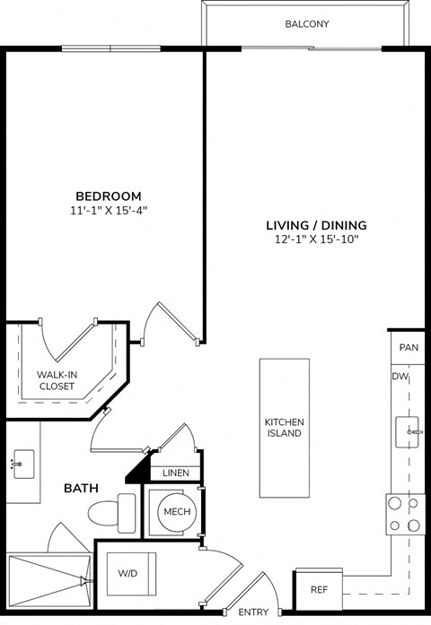 Floor plan for 1 bed, 1 bath, 780 sqft
