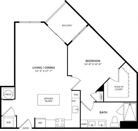 Floor plan for 1 bed, 1 bath, 785 sqft