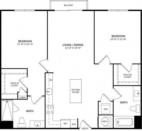 Floor plan for 2 beds, 2 baths, 972 sqft