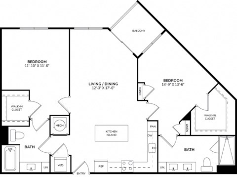 Floor plan for 2 beds, 2 baths, 1101 sqft