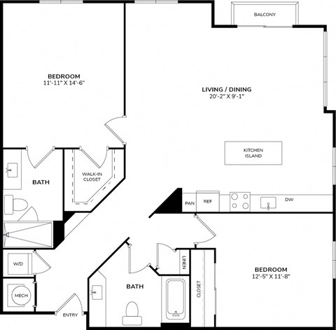 Floor plan for 2 beds, 2 baths, 1171 sqft