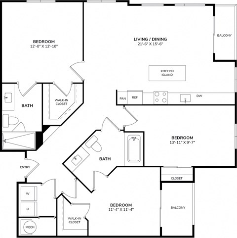 Floor plan for 3 beds, 2 baths, 1302 sqft