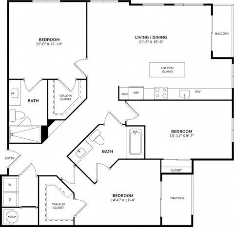 Floor plan for 3 beds, 2 baths, 1373 sqft