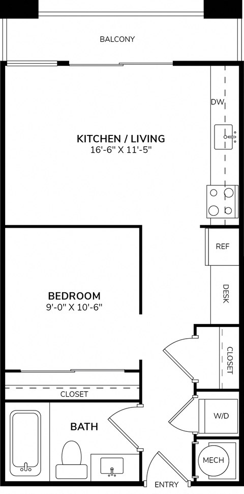 Floor plan for studio, 1 bath, 513 sqft