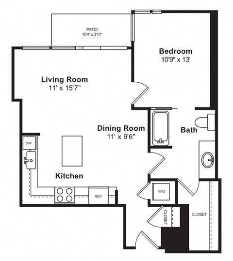 Floor plan for 1 bed, 1 bath, 785 sqft