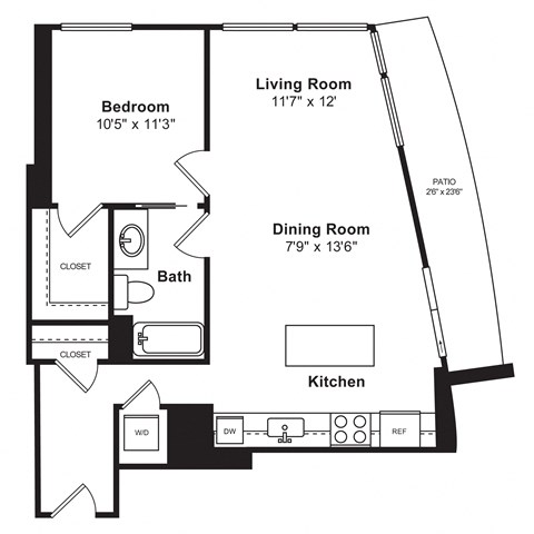 Floor plan for 1 bed, 1 bath, 839 sqft